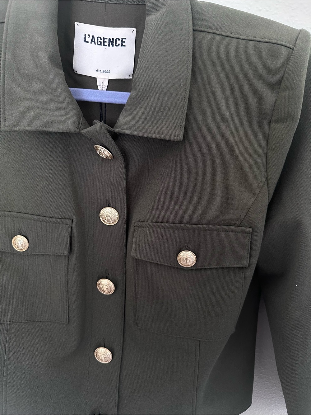 L'AGENCE Olive Military-Inspired Cropped Blazer with Gold Buttons - Picture 5 of 9